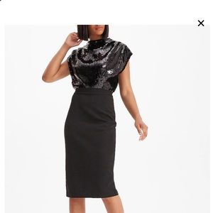 Sequin Draped Mock Neck Midi Sheath Dress XL NWT Express brand Black